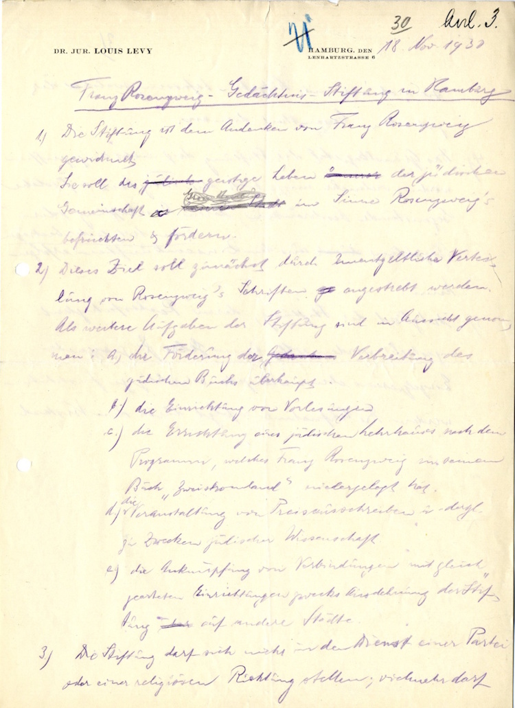 By-laws of the Franz Rosenzweig Memorial Foundation, Hamburg, November 1930