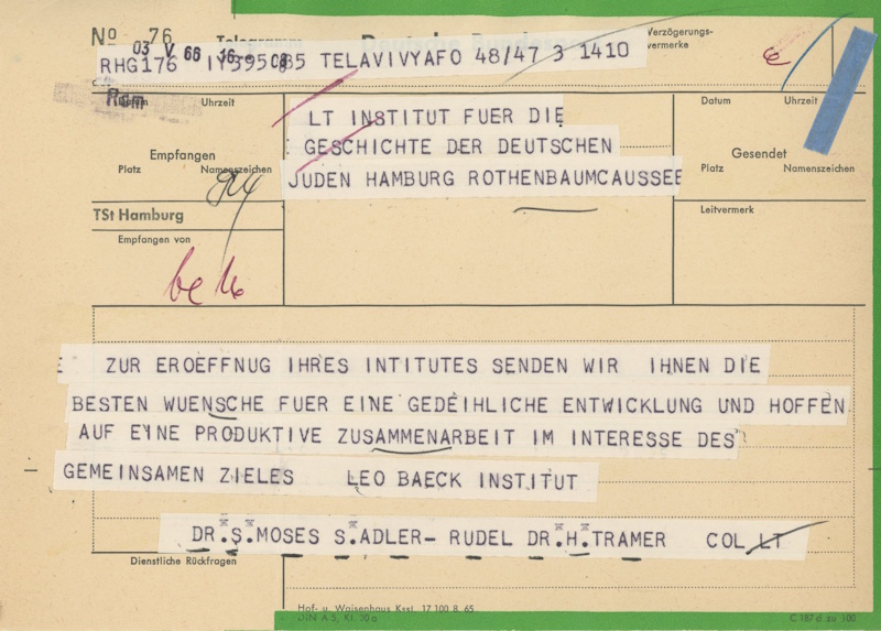 Telegram from S. Adler-Rudel and H. Tramer to the Institute for the History of the German Jews, May 3, 1966, IGdJ Archive, 02-006.